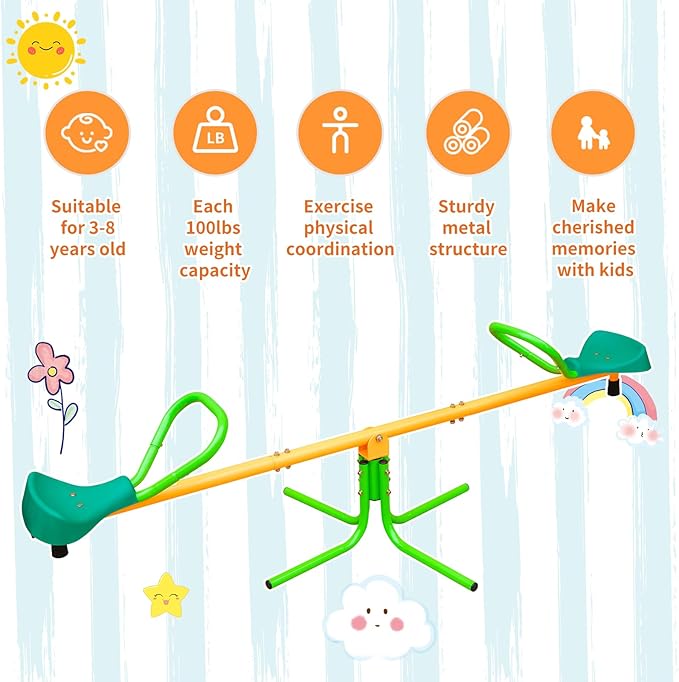 360 Degree Rotation Seesaw Swivel Teeter-Totter, 2/3/4 Seats Sit and Spin Outdoor Playground Equipment for Kids, Toddlers, Boys, Children (Green-2 Seats)