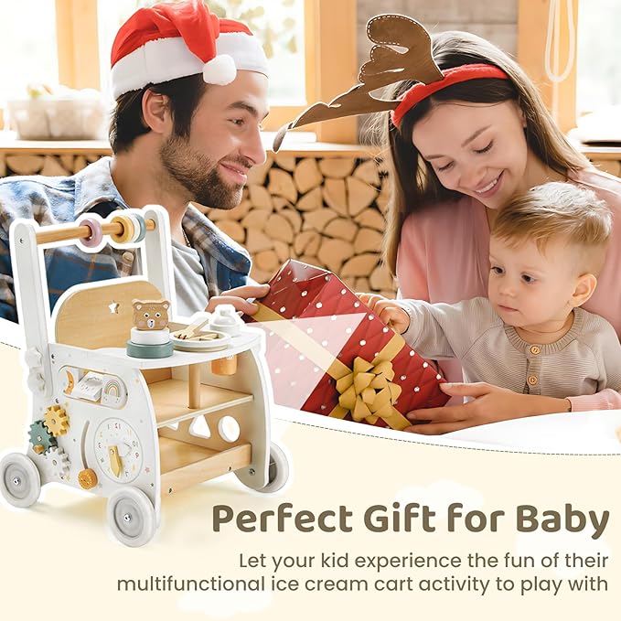 labebe Wooden Baby Walker, Baby Push Walker Doll Stroller, Push Activity Walker for Kids 18M+, Adjustable Speed Learning Walking with Wheels, Birthday Gift for Girls Boys Ages 1-3