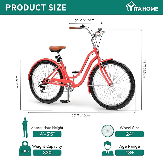 YITAHOME 24 & 26 Inch Beach Cruiser Bike, 7 Speed & Single Speed Commute Bike, Step-Through Bicycle for Adult Women & Men, Steel Frame Cruiser Bike with Full Front & Rear Fenders