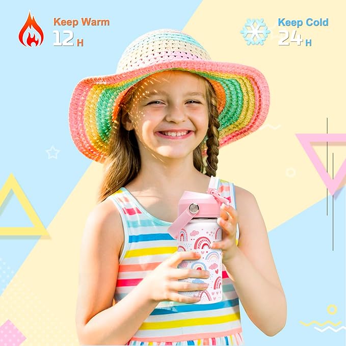 14oz Kids Insulated Water Bottle with Straw Lid - 18/8 Stainless Steel Kid Cup Travel Tumbler Double Wall Vacuum Leak Proof Portable Toddler Water Bottle (Rainbow)