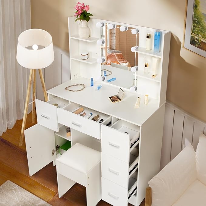 Makeup Vanity Desk with Lighted Mirror, 39.4''W White Vanity with 3-Color Adjustable Brightness, 7 Drawers & Open Shelves, Big Vanity Table for Bedroom, Girls & Women