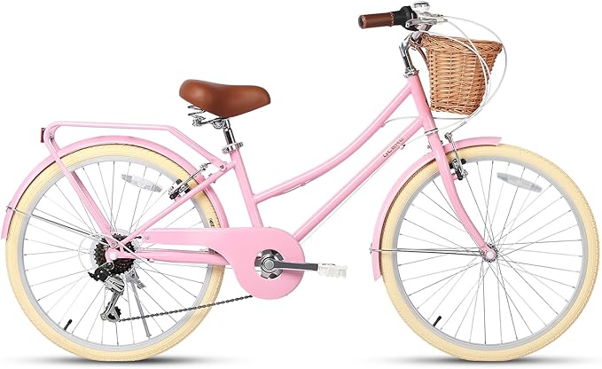 Glerc 20 24 26 Inch Beach Cruiser Bike, 6-Speed Hybrid City Bicycle for Girls Youth and Over 6 Years Old, Missy Bike with Wicker Basket & Lightweight, Multiple Colors