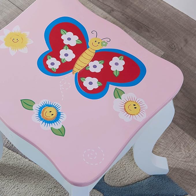 Wooden Vanity Set for Kids with Mirror and Stool, Flower & Butterfly-Themed Makeup Dressing Table and Chair for Girls, with Pull-Out Drawer and Jewelry Boxes