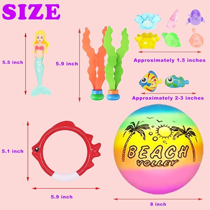 18 Pcs Diving Pool Toys for Kids Ages 3-12 Set with Storage Bag,Pool Games Summer Swim Water Sinking Mermaid Toys