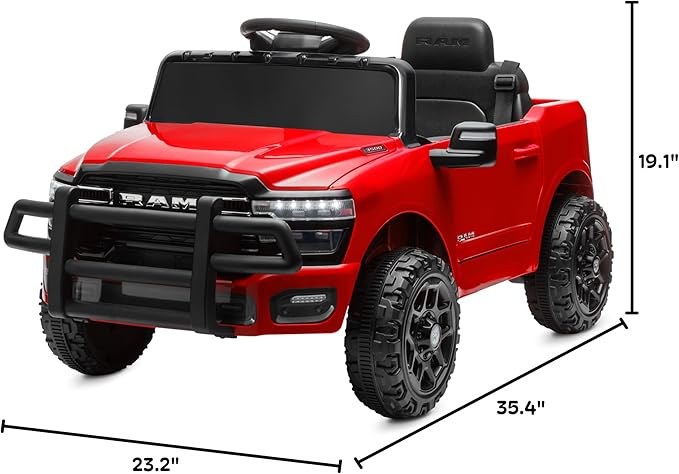 Kidzone 12V Licensed RAM 3500 Ride-On Truck for Kids, Battery Powered Electric Car w/Parent Remote Control & Manual Drive, Bluetooth, LED Lights - Red