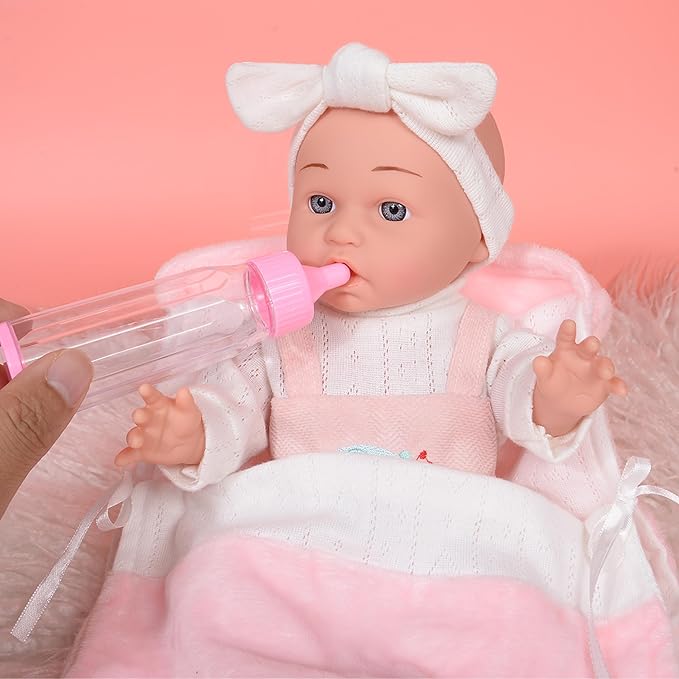 12 inch Baby Doll - Adorable Doll and Accessories Including Romper, Sleeping Bag, Feeding Accessories, Rabbit Plush Toy