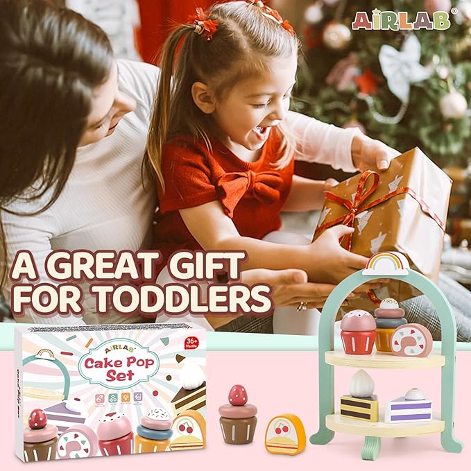 Wooden Cake Toys Tea Party Set, Desserts Food Toy with Cupcake Stand, Kids Pretend Play Kitchen Accessories, Wooden Play Food Set Toy Baking Gift for 3 4 5 Years Old Girls Boys