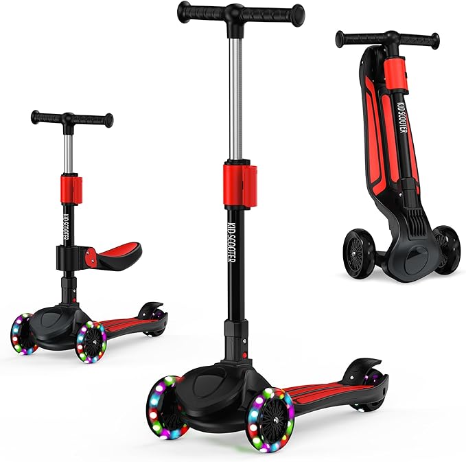2-in-1 Adjustable Kick Scooter for Kids 3-5 (Suitable 3-12 Years),5-Level Handlebar & Removable Seat, LED Light-Up Wheels, Wide Deck, Foldable Design for Indoor/Outdoor Use - Girls & Boys
