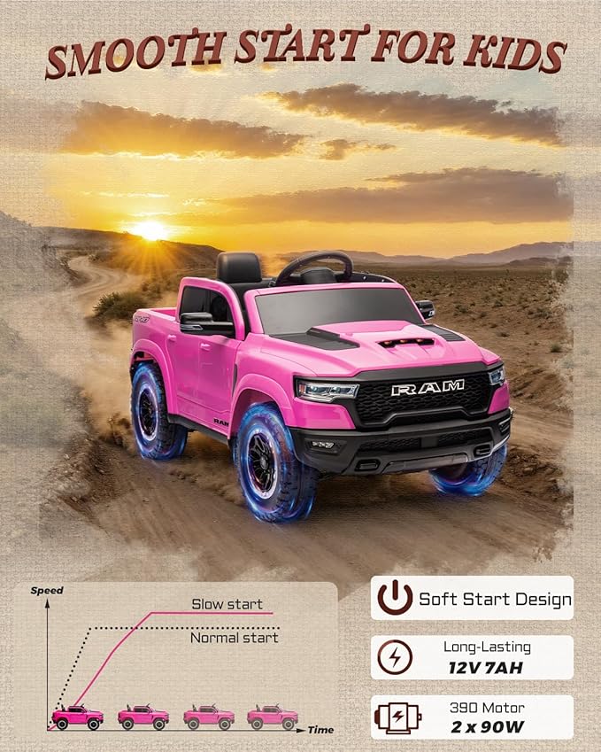 First Ride On Licensed Ram 1500 12V Ride on Toys, Kids Ride on Car with Remote Control, Electric Vehicle for Toddler with Smooth Start, Pickup Truck Bed Storage, Spring Suspension, Aux Port (Pink)