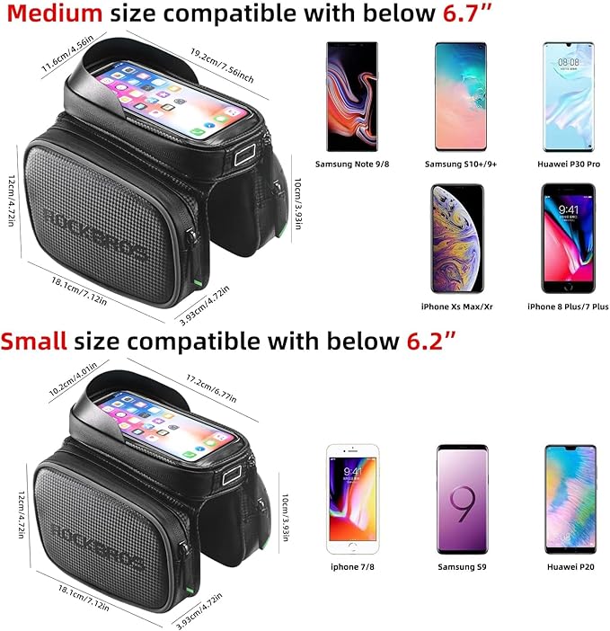 ROCKBROS Bike Bag Waterproof Top Tube Phone Bag Front Frame Mountain Bicycle Touch Screen Cell Phone Holder Pouch Compatible with iPhone X, 8 Plus 7