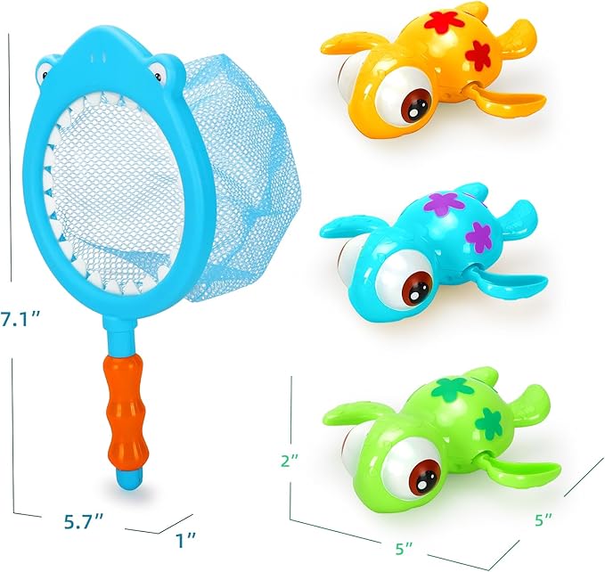Bath Toys Set for Toddlers 1-3 Kids 4-8, 3Pcs Wind Up Swimming Turtle Water Toys with 1Pcs Shark Fishing Net, Floating Wind Up Turtle Bathtub Toys for Boys and Girls