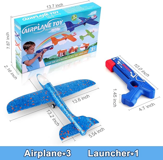Fuwidvia 3 Pack Airplane Launcher Toys, 13.2'' LED Foam Glider Plane Toy for Boys, 2 Flight Modes Outdoor Flying Toys Birthday Gifts for Boys Girls 4 5 6 7 8 9 10 11 12 Year Old (Blue&Green&Orange)