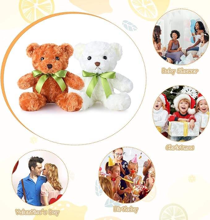 Hungdao 36 Pcs 10 Inch Plush Bears Bulk Stuffed Animals Cute Soft Toys Gifts with Ribbon White and Light Brown Shaggy Bears with Green Bow for Birthday Gift Baby Shower Wedding Decor