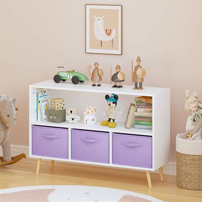 2-Tier Bookcase Bookshelf with Collapsible Fabric Drawers,Cute Book Display Storage Cabinet Organizer for Playroom Livingroom (White+Purple)