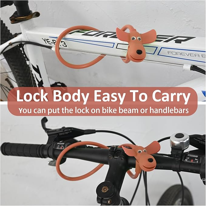 Bike Cable Lock with Keys,Silicone Covered Kids Cable Lock Cartoon Lock,2 Feet Lock for Bike,Door,Skateboard,Helmet and More (Brown, Large)