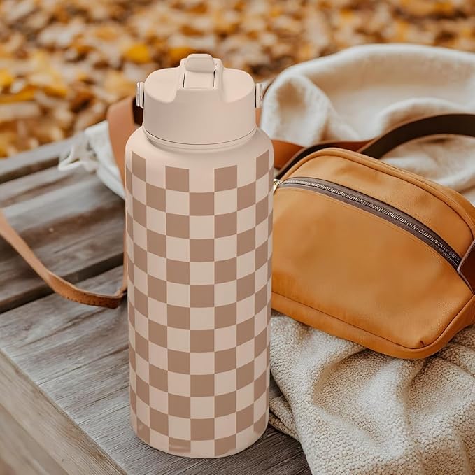 Checkerboard Water Bottle 32oz Stainless Steel with Lid & Straw, Beige Checker Insulated Bottles for Women Girls, Gift Idea for Christmas Birthday