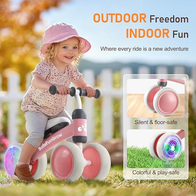 Colorful Lighting Baby Balance Bike Toys for 1 Year Old Girl Gifts, Balance Bike 1 Year Old No Pedal, 12-24 Months Toddler Ride on Toys with 4 Silent Wheels & Soft Seat, 1st Birthday Gifts, Pink