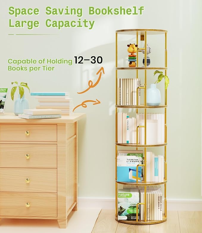 5 Tier Round Rotating Bookshelf Tower Gold,62” Tall Space Saving Spinning Bookshelf with Anti-Tipping Design,Metal Standing Revolving Bookcase Stackable for Small Spaces,Study,Living Room