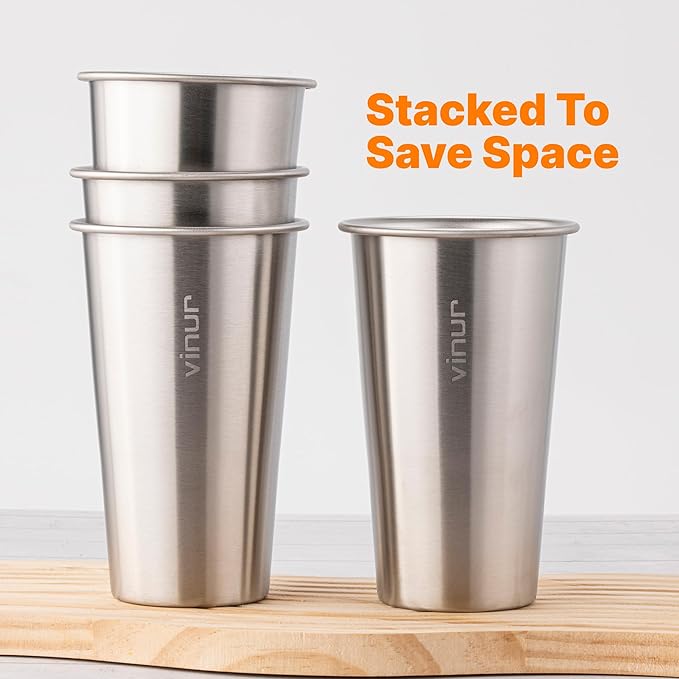 VINUR 4 Pack Stainless Steel Cups 20 oz Pint Tumbler Stackable Metal Drinking Glasses for Travel, Camping, Outdoors (Silver)