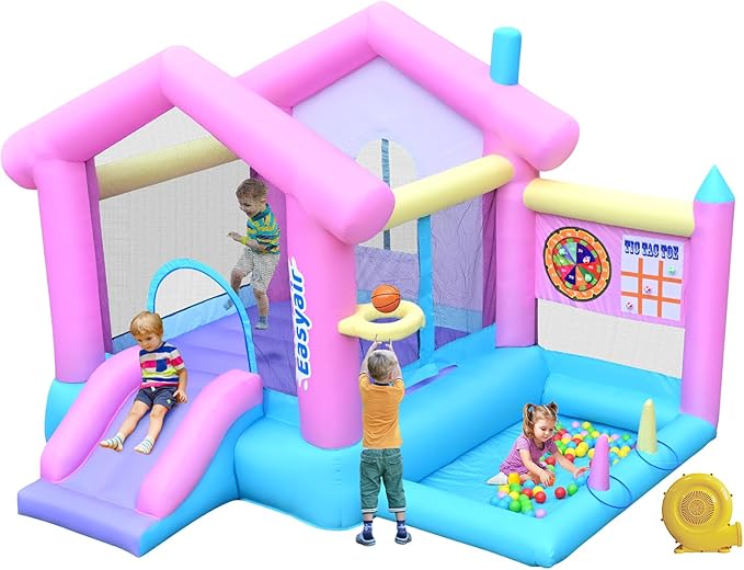 Inflatable Bounce House for Kids 3-10, 123" L x 110" Bouncy Castle, Jumping, Slide, Basketball Hoop, Ball Pits, Rings, Target Game Blower Included