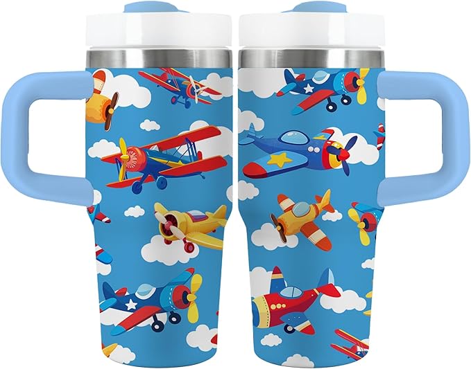 Airplane Gifts for Boys - 14oz Blue Kids Helicopter Airplane Tumbler with Handle and Straw, Stainless Steel Insulated Water Cup, for Sport, School - Airplane Themed Children Birthday Gifts Cup(1pc)