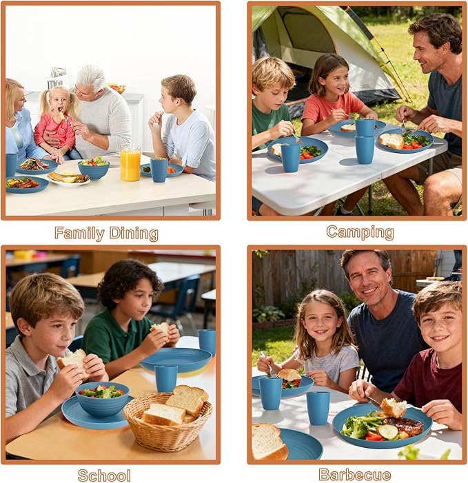 Wheat Straw Dinnerware Sets for 4, Reusable Plastic Dinner Plates, Unbreakable Kids Plates and Bowls Sets 20 PCS, Dishwasher & Microwave Safe Kitchen Camping Dorm Dish Sets- Blue