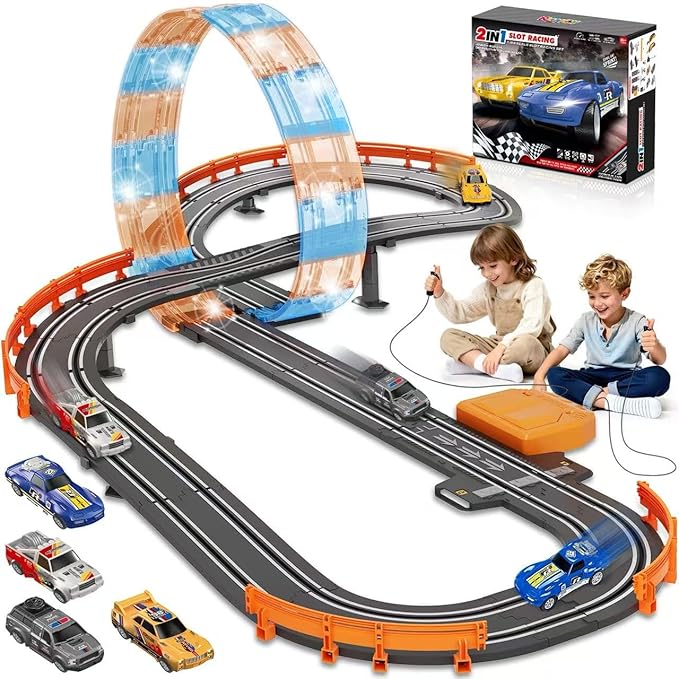 Slot Car Race Track Sets for Boys Age 4 5 6 7 8-12, Electric Race Car Track with 4 High-Speed Racing Car, Dual Racing Game Lap Counter Circular Overpass Track, Christmas Birthday Gifts Toys for Kids