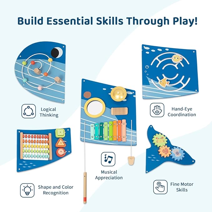 OOOK Whale Wall Busy Board Panel, Montessori Sensory Toy, Toddler Learning Activity Center, Toddler Learning Activity Center, Interactive Toys, Wooden Sensory Wall Develops Kids Skills in All Aspects