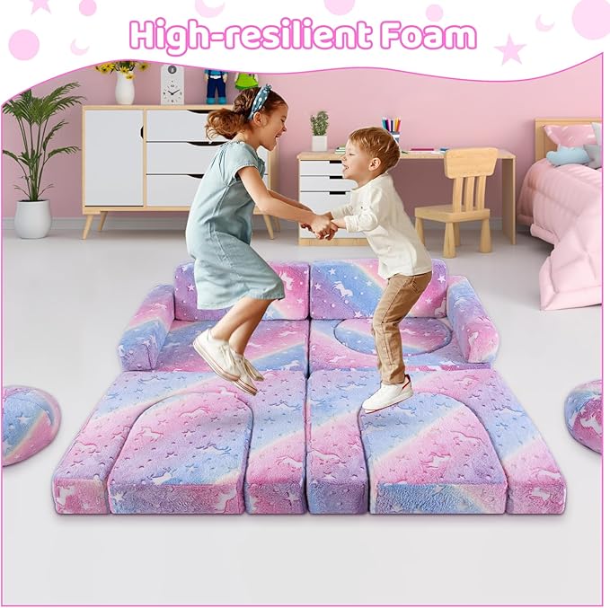 13 PCS Kids Play Couch, Modular Glowing Kids Toddler Couches, Kid Play Couch Sofa for Playroom and Bedroom (Rainbow)