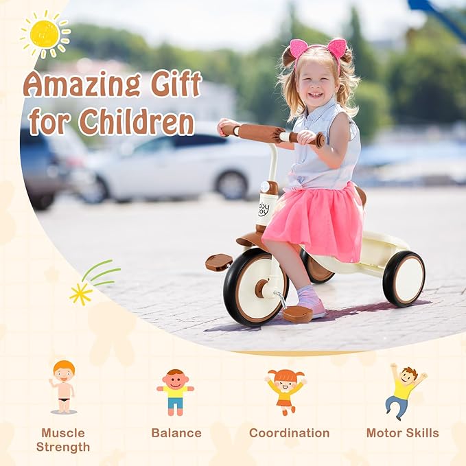 BABY JOY Toddler Tricycle, Kids Trike with Adjustable Seat and Storage Basket for Boys Girls Indoor and Outdoor Riding, Toddler Trike for Baby 3-5 Years Old (Beige)