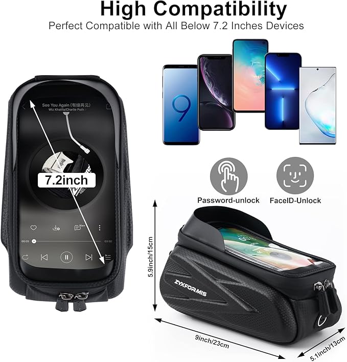 Bike Phone Front Frame Bag Bicycle Bag Waterproof Bike Phone Mount Top Tube Handlebar Bag Bike Phone Case Holder Accessories Compatible with iPhone 11 XS Max XR Fit 7”