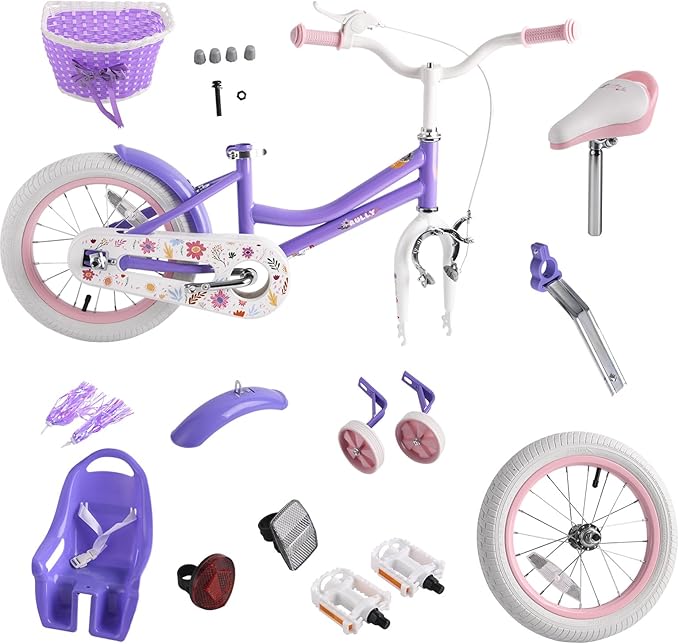 RULLY Daisy Kids Bike for Girls Ages 2-9 Years, 12 14 16 18 Inch Princess Girls Bicycle with Doll Bike Seat, Training Wheels, Basket and Streamers, Kids Cycle Bikes, Multiple Colors