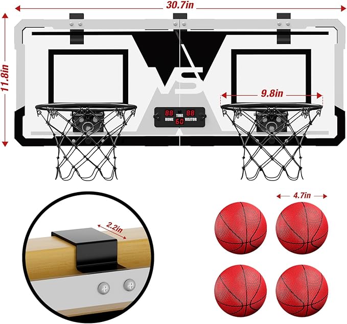2 Player Basketball Game, Dual Shot Over The Door Mini Basketball Hoop Indoor with Scoreboard, Basketball Toy Gifts for Kids Boys Girls Adults, Suit for Bedroom/Office/Outdoor/Pool, Black