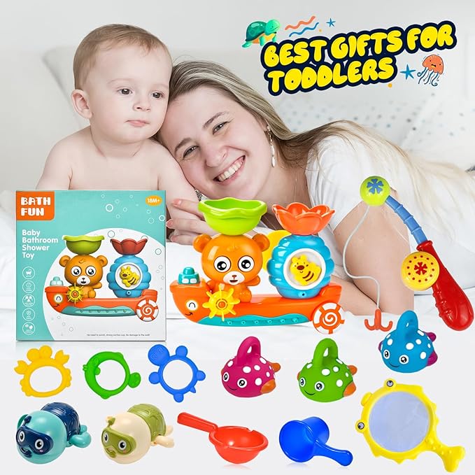 Bath Toys for Kids 1-3 Fishing Games Swimming Wind-up Turtle Toddler Bathtub Toy Water Tub Pool Toys for Baby 1 2 3 4 Years Boys Girls Gift Box