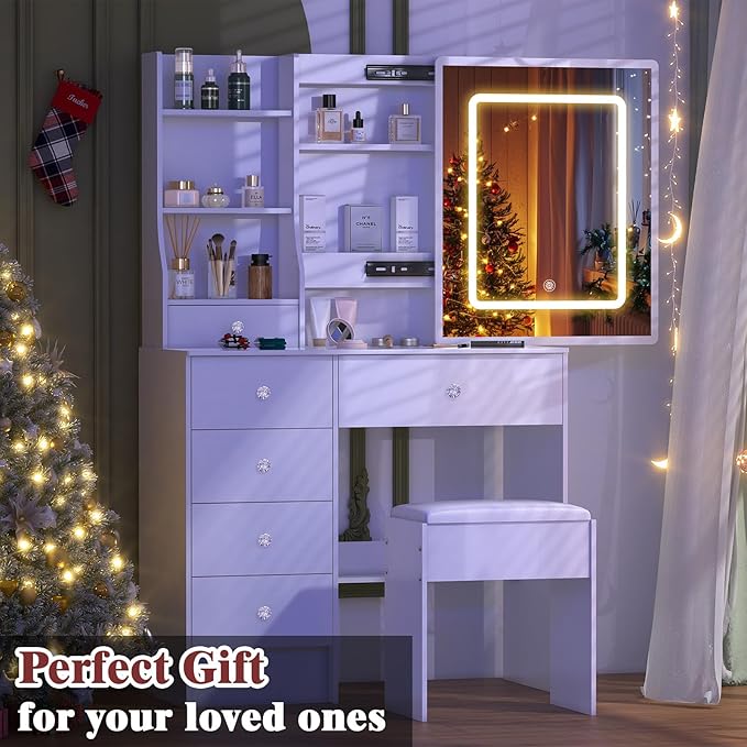 Makeup Vanity Desk with Sliding LED Mirror and Lights, White Vanity Desk with Lighted Mirror, USB Port, Drawers, 3-Color Adjustable Brightness, Vanity Dressing Table for Bedroom, Girls & Women Gifts