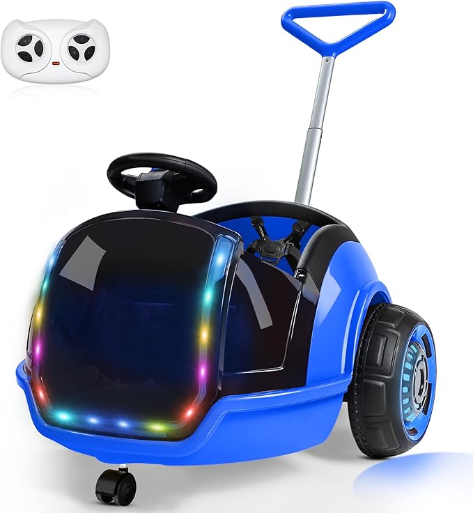 ANPABO 3-in-1 Electric Push Ride On Car, 12V Kids Ride On Toy w/Remote Control, 360° Spin, 5-Point Safety Belt, Colorful LED Light, Music Player, Push Car for Toddler Ages 1-3 (Blue)