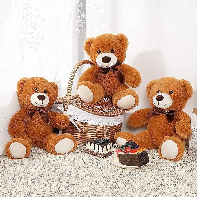 MorisMos 3Pcs Teddy Bears Bulk Baby Shower, 14inch Cute Teddy Bear Stuffed Animals Plush, Small Stuffed Bears on Centerpiece Baby Shower, Dark Brown
