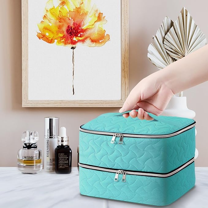 DreamGenius Nail Polish Organizer Case Holds 42 Bottles, Portable Double-Layer Nail Polish Storage Bag with Adjustable Dividers for Manicure Tools, Blue