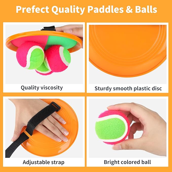 Outdoor Toys for Kids Ages 3-10-Toss and Catch Ball Set, Toss Games with 4 Orange Paddles 4 Sticky Balls, 1 Storage Bag, Paddle Ball Game for Kids/Family Boys Girl Gift