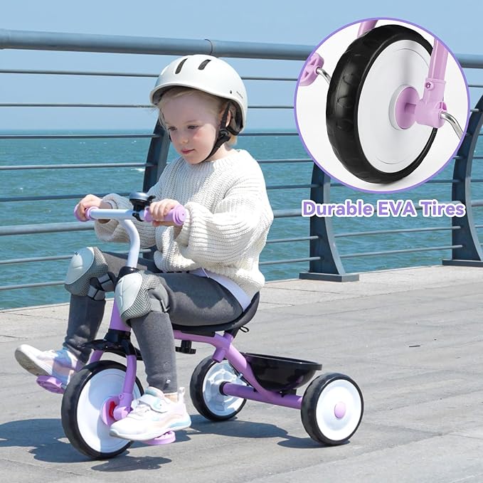 Liberry 2 in 1 Toddler Tricycle Age 2 3 4 Years Old, Kids Trike with Adjustable Push Handle, Bell & Basket, 3 Wheel Bike Riding Toy Birthday for Girls Boys, Purple