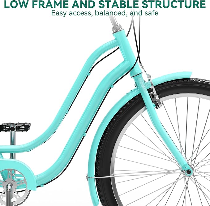 YITAHOME 24 & 26 Inch Beach Cruiser Bike, 7 Speed & Single Speed Commute Bike, Step-Through Bicycle for Adult Women & Men, Steel Frame Cruiser Bike with Full Front & Rear Fenders