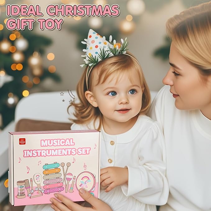 Baby Musical Instruments for Toddlers 1-3, Montessori Wooden Toys for 1 Year Old, Xylophone Maracas Percussion Set with Storage Bag, Learning Toys for Boys Girls Age 2-4, Christmas Birthday Gift, Pink