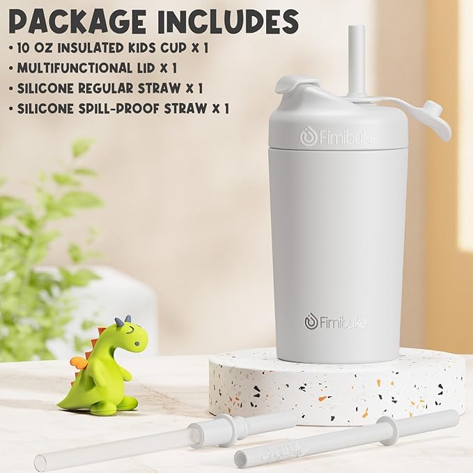 Fimibuke Kids & Toddler Cups, 10 OZ Spill Proof Straw Cups for Toddlers, Leak-Proof Kids Insulated Tumblers with Screw-On Lid & Silicone Straws with Stopper, Stainless Steel Sippy Cup for Girls Boys