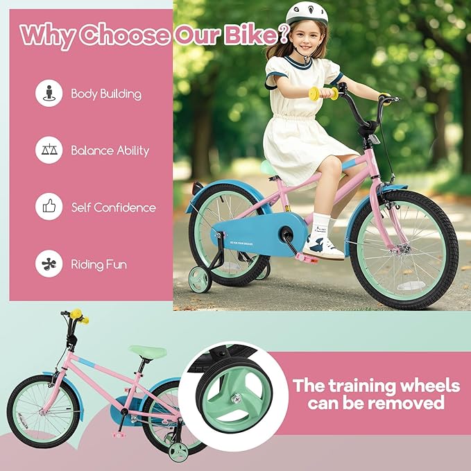 BABY JOY Colorful Macarons Kids Bike, 12 14 16 18 Inch Sporty Children's Bicycle with Training Wheels, Adjustable Handlebar & Saddle, Handbrake & Coaster Brake, Boys Girls Bike for 3-8 Years Old