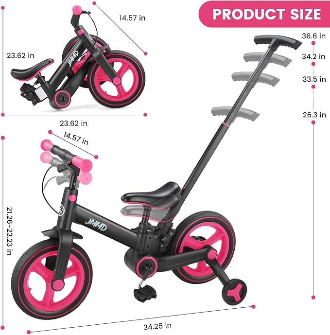 JMMD Toddler Bike with Push Handle for Kids 18-60 Months, 6 in 1 Foldable Push Bike with Training Wheels, Pedals, Brakes, Kickstand, Kid Balance Bike Gift & Toys for Boy & Girl