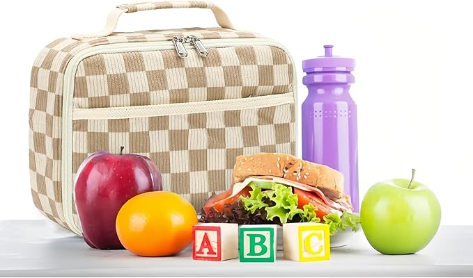 Kids Girls Lunch Bag Insulated Lunch Box for school Corduroy Lunch Cooler Organizer School Kids Lunch Tote (Corduroy checkered brown)