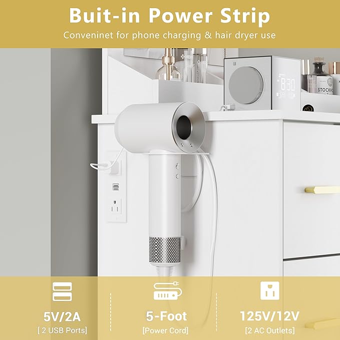 Makeup Vanity with Large Lighted Mirror and Chair, 7 Drawers Vanity Makeup Desk Table with Power Strip, Adjustable Lighting, and Cushioned Storage Stool for Women, Girls