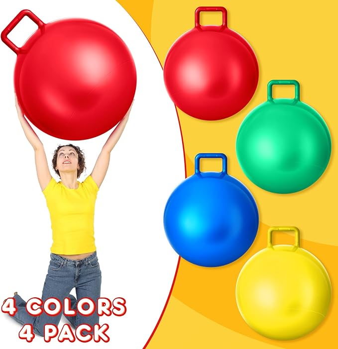 Lewtemi 4 Pcs 31 Inch Hopper Ball Carnival Outdoor Games Jumping Hopping Inflatable Bouncing Ball with Handle and Air Pump for Adult Sport Exercise