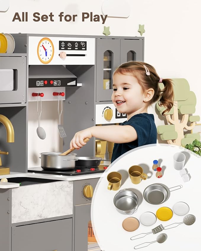 BIERUM Wooden Play Kitchen for Kids Ages 3-8 with Lights & Sounds, Pretend Play Kitchen Set with Stove, Ice Maker, Coffee Maker, Oven & Accessories, Toddler Kitchen Playset for Boys and Girls (Gray)