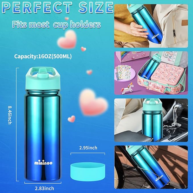 Mininoo Boys Water Bottle for School, 16oz Stainless Steel Insulated Metal Water Bottle with Straw Lid for Boys